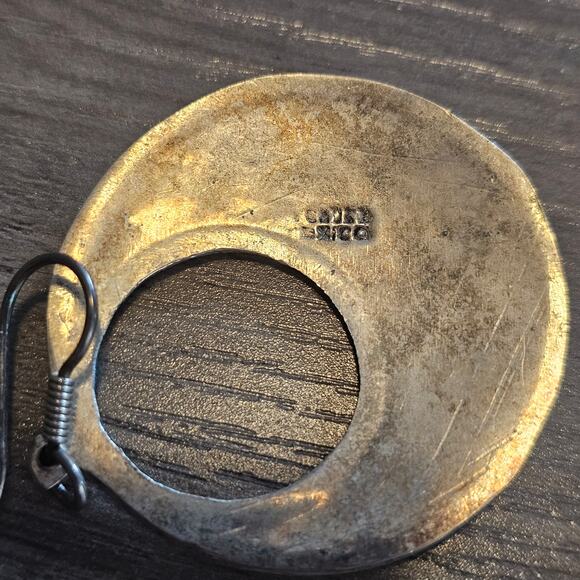 Vintage Alpaca Silver & Crushed Turquoise Dangle Hoop Earrings - Picture 3 of 4